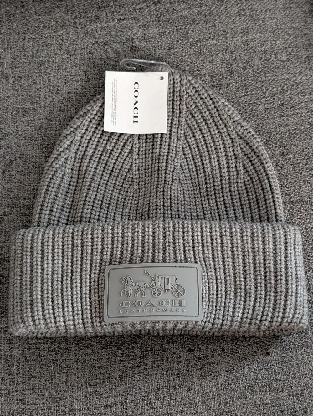Coach Gray Ribbed Knit Beanie with Logo Patch